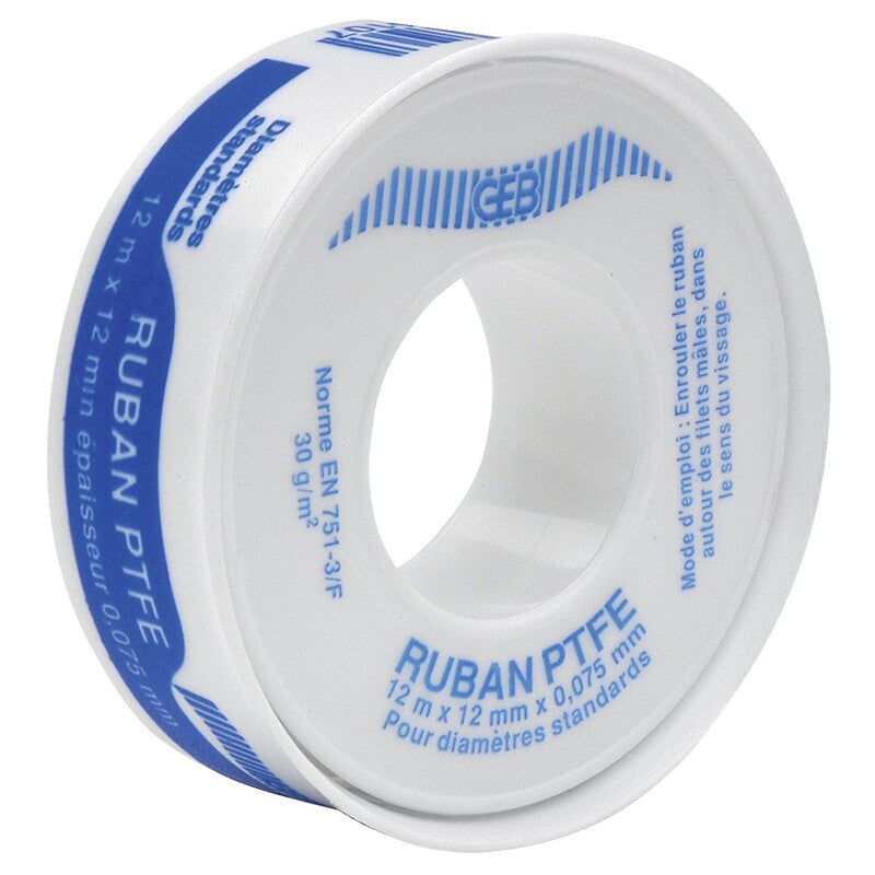 Fita PTFE padrão para o aperto de acessórios roscados, largura 12 mm x espessura 0,08 mm, o rolo de 12 m. Profissionais da construção escolhem Angola-Materiais.shop. Porque a qualidade faz a diferença.