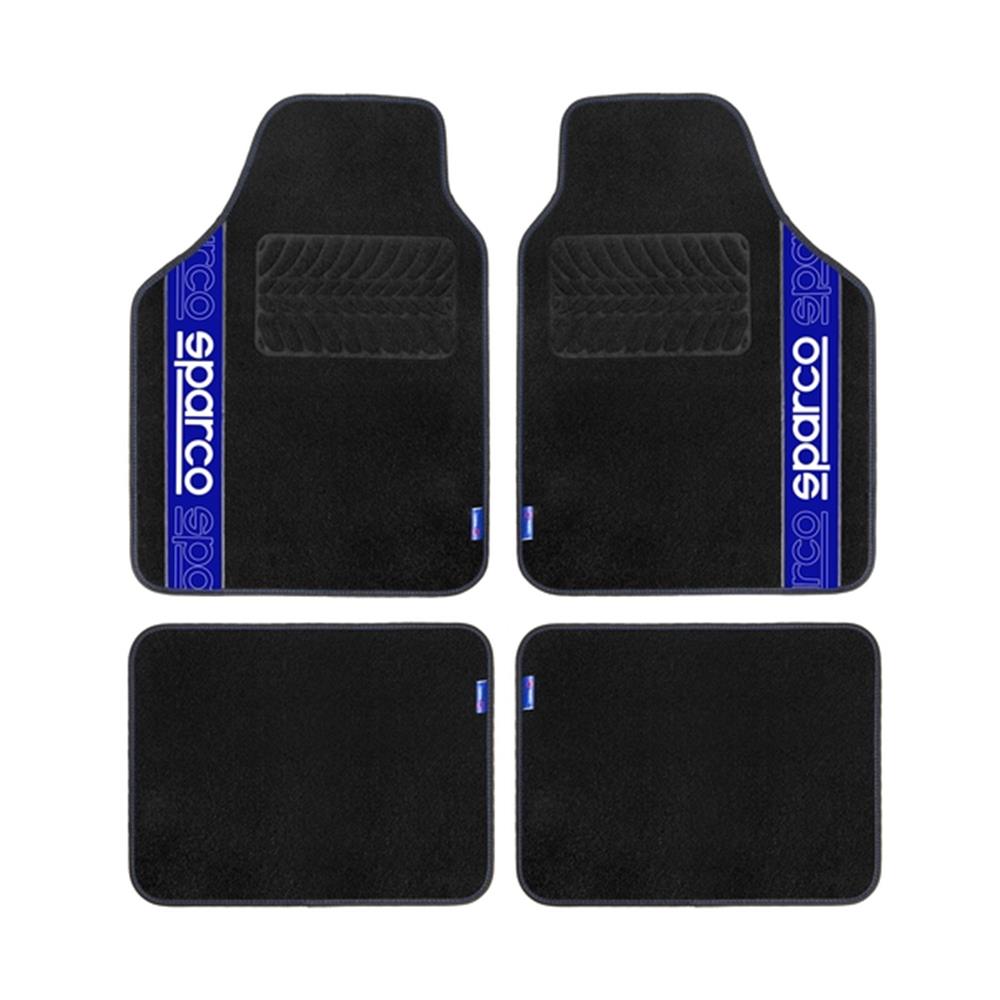 Thin de 4 tapetes de tecido sparco pretos com borda azul. Materiais de construção sob medida para cada projeto. Angola-Materiais.shop, sua solução personalizada.